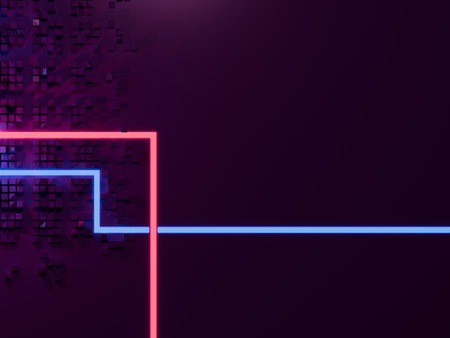 Abstract city with neon glowing lights. Cyberpunk, synthwave aesthetic. Digital 3D render.の写真素材