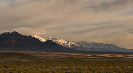 Snow-covered Andes mountains at dawn near Uspallata, Argentina.の写真素材