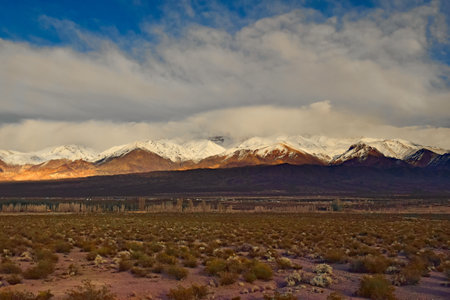 Snow-covered Andes mountains at dawn near Uspallata, Argentina.の写真素材