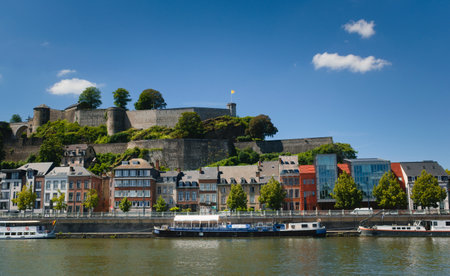 View of Namur, Belgium, with the fortified citadel of the city in the back.の写真素材