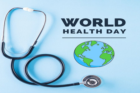 World Health Day concept with stethoscope and world globe on blue backgroundの写真素材