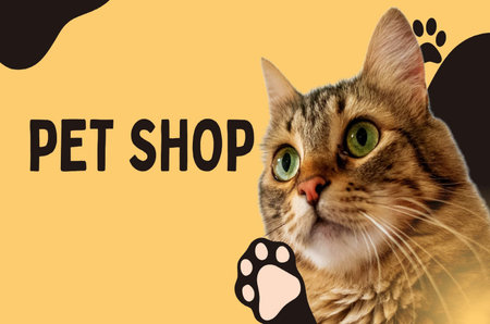 Pet shop banner. Cute tabby cat with paw print on yellow background.の写真素材