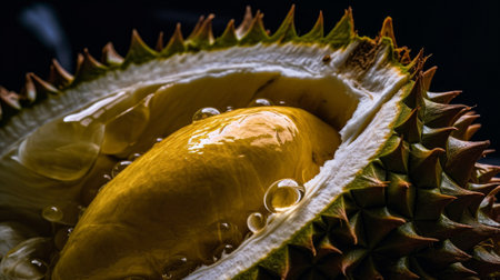 Close up of durian fruit with water drop on black background.の素材