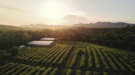 Durian plantation in the morning, Aerial view of Durian plantation with sunsetの素材