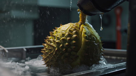 Close up of durian being washed by a water tap in a shopの素材