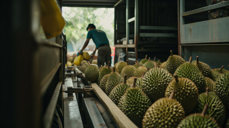 Close up of durian fruit on the shelf in the fruit processing plantの素材