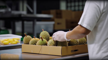 Close up of man hand holding durian fruit in cardboard box on table in warehouse.の素材