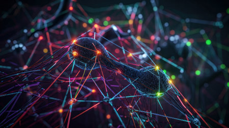 3d rendering of a medical background with DNA molecule and particles. Neural network for AI.の素材