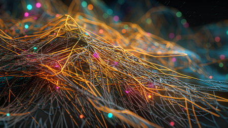 3d rendering of abstract technology digital background with glowing particles. Network connection structure. Neural network for AI.の素材