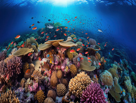 Colorful and beautiful underwater world with corals and tropical fish.の素材
