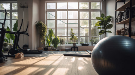 Yoga room interior with fitness ball and equipment in a modern houseの素材