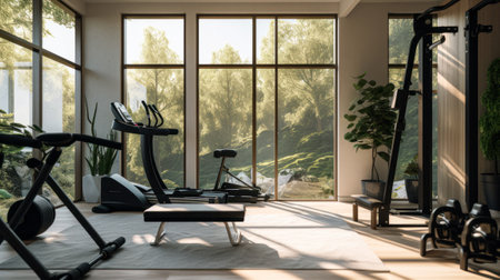 Interior of a modern fitness room with a lot of exercise machinesの素材
