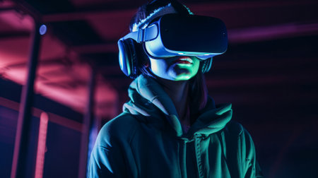 Young woman wearing virtual reality goggles. Future technology and entertainment concept.の素材