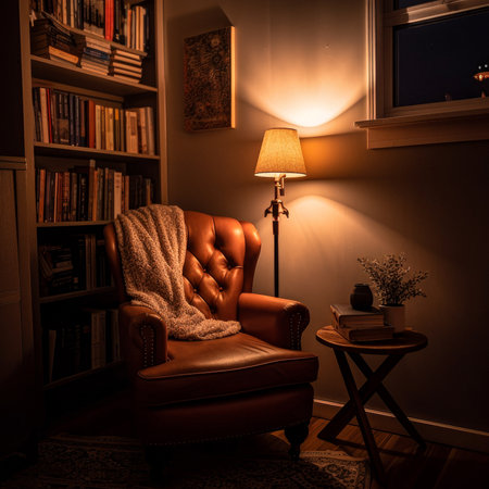 Comfortable armchair with lamp and bookshelf at night.の素材