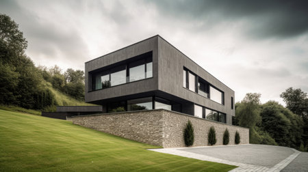 Modern architecture, black and white image of a house with a gardenの素材