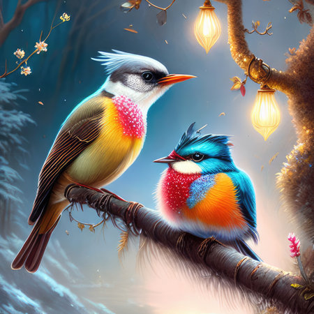drawing of birds in the winter forestの素材