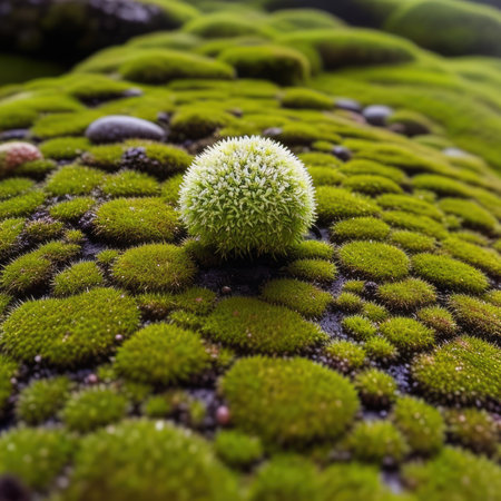 Close up of green moss growing on top of a rock in the gardenの素材