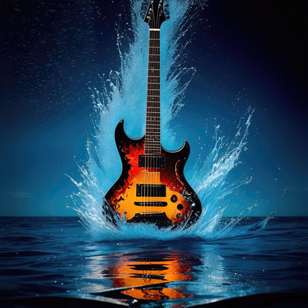 Electric guitar in water with splash on dark background. 3d renderingの素材