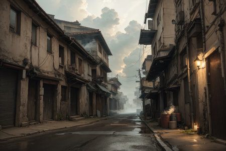 Old town of chinese town in the morning with fog and sunlight.の素材