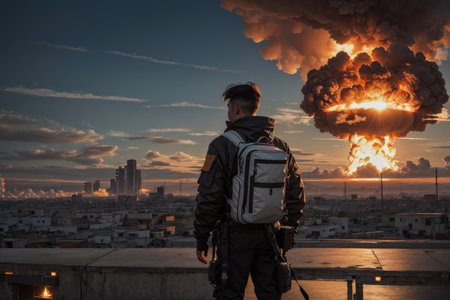 A man with a backpack stands on the roof and watches a nuclear explosionの素材
