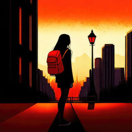 girl with backpack on the road in the city. vector illustration.の素材