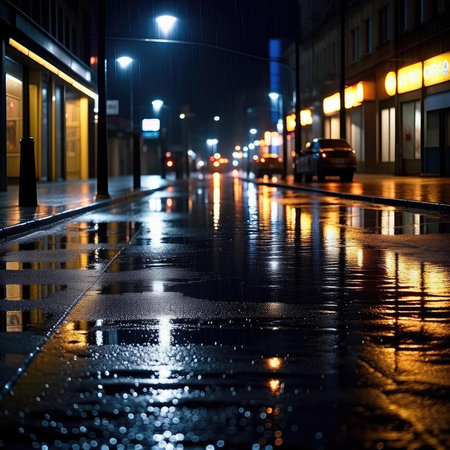Rain drops on the street at night. Shallow depth of field.の素材