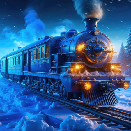 Vintage steam locomotive in winter landscape. 3D illustration.の素材