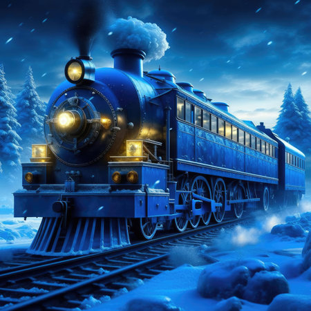Vintage steam locomotive in winter forest. 3D rendering.の素材