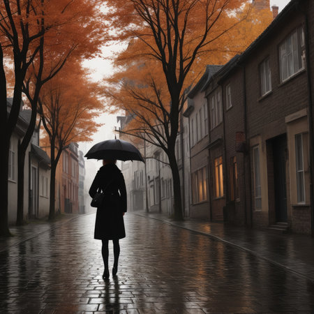 Silhouette of a woman with umbrella on the street in autumnの素材