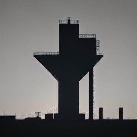 Silhouette grain elevator on the background of the sky.の素材