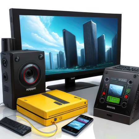 3D rendering of a modern entertainment concept with a set of electronic devicesの素材