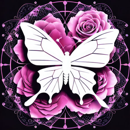 Butterfly and roses on mandala background. 3d illustrationの素材