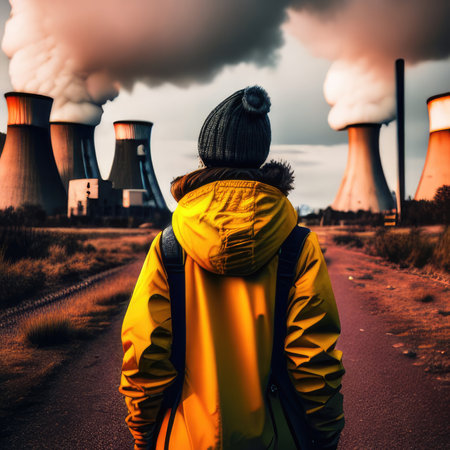 A man in a yellow jacket with a backpack looks at the nuclear power plantの素材