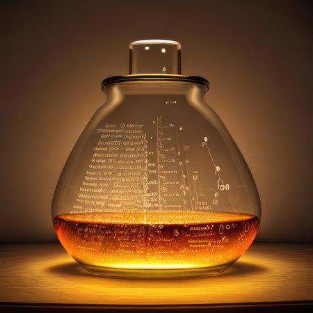 Laboratory flask with chemical formula on a wooden table. 3d renderingの素材