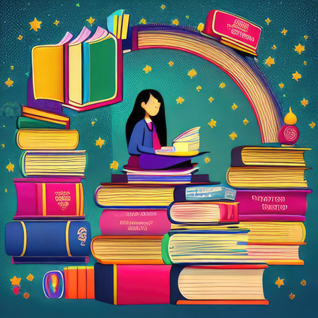Pile of books with girl reading. education concept. vector illustration.の素材