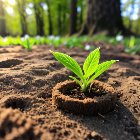 Green seedling growing in soil with sunlight. earth day concept.の素材