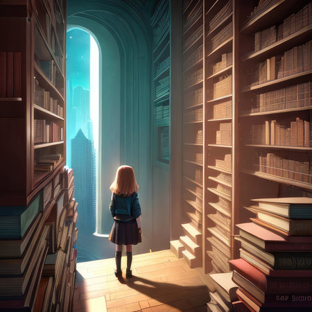 Little girl standing in the library and looking at the door of the bookcaseの素材