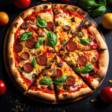 Pizza with salami and mozzarella cheese on black backgroundの素材