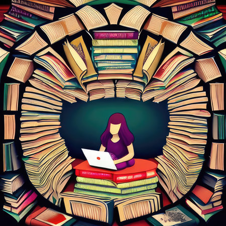 Vector illustration of a female student sitting in front of a large pile of books and using a laptopの素材