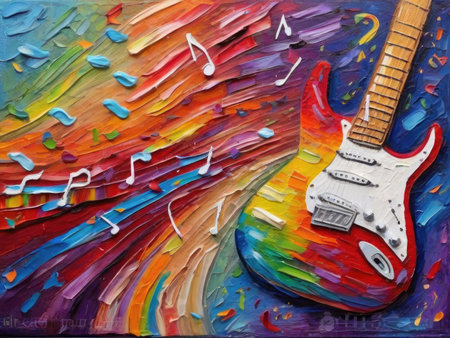 Painting of an electric guitar on a colorful background, close-upの素材