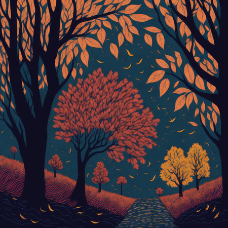 Autumn background with trees and road. Vector illustration in retro style.の素材