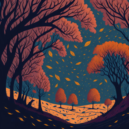 Autumn forest landscape with falling leaves and trees. vector illustration.の素材