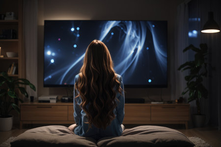 Back view of young woman watching TV at night in the living roomの素材