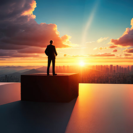 Businessman standing on the top of the building and looking at the sunsetの素材