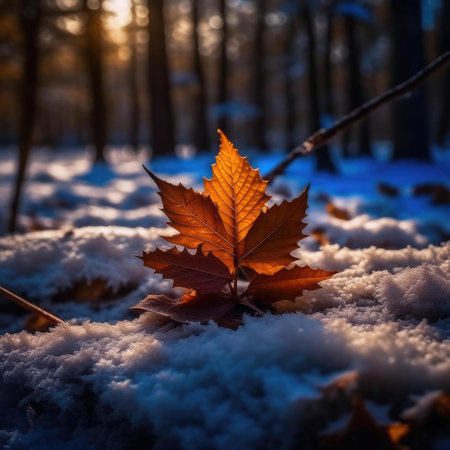 Autumn leaves on the snow in the forest at sunset or sunrise.の素材