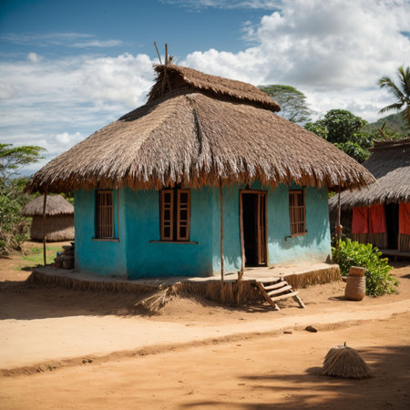 Typical African house with thatched roofの素材