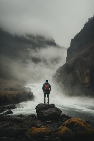 Man standing on a rock in the middle of a mountain river with fogの素材