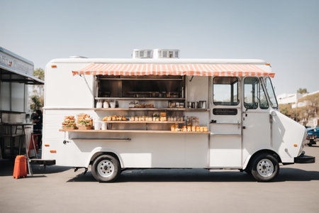 Food truck in the street. street food truck. food trucks.の素材
