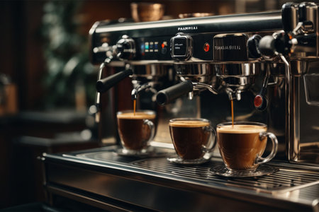 Coffee machine with two cups of coffee in a cafe.の素材