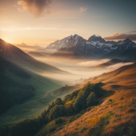 Mountain landscape with fog in the valley at sunsetの素材